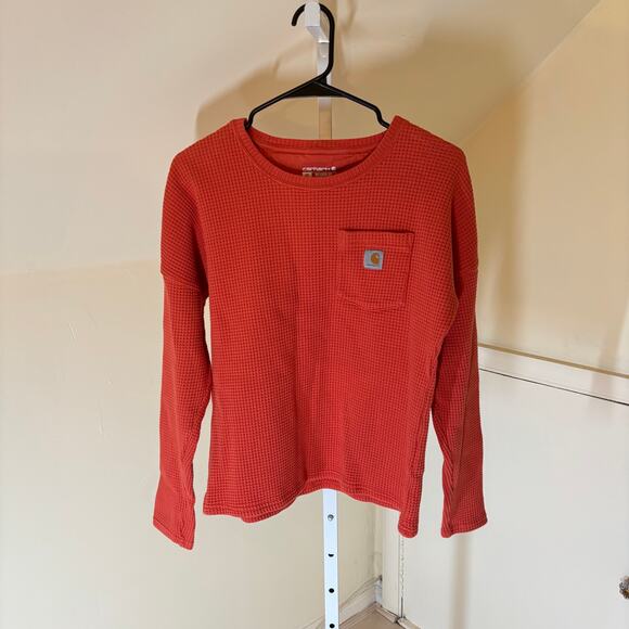 Carhartt EUC Women's Relaxed Fit Heavyweight Crewneck Thermal Shirt Orange XS - Picture 2 of 8